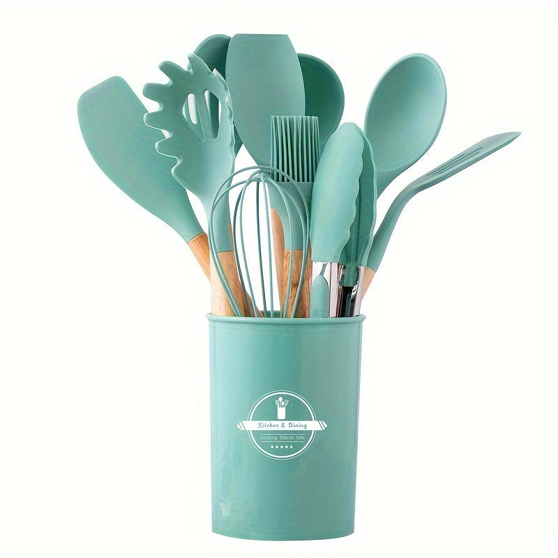 Set de 12 utensilios de cocina de silicona con mango de madera